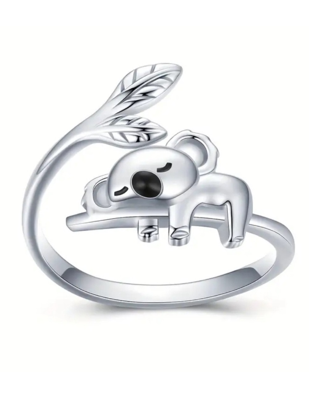 Sleeping Koala Leaf Wrap Ring - Silver Tone